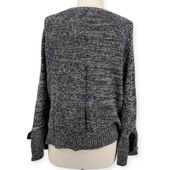 Loft Bow Statement Sleeve Sweater Cotton Round Neck Marled Black Knit Large - Picture 3 of 14